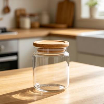 Nordic style wooden lid glass airtight storage jar