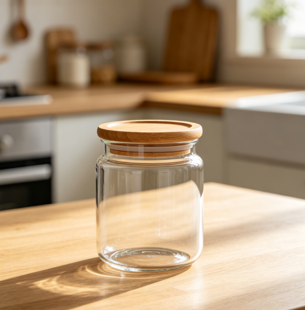 Nordic style wooden lid glass airtight storage jar